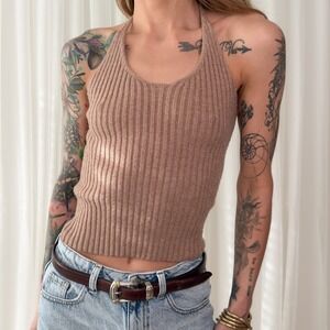 Tan Knit Halter Tank Top Minimalist Ribbed Fitted Summer Basic Women's S/M